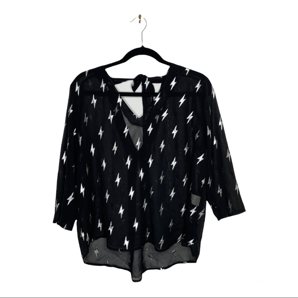 Black/Silver Size FR 40 Hippocampe Chiffon Three-quarter Sleeve Top